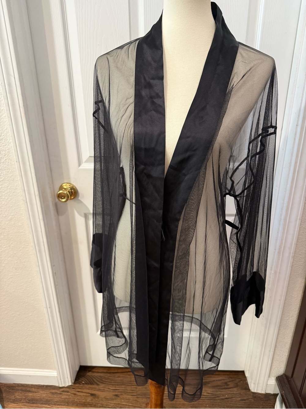 Sheer Black Mesh Robe with Satin Trim - Women Intimates & Sleepwear missing belt